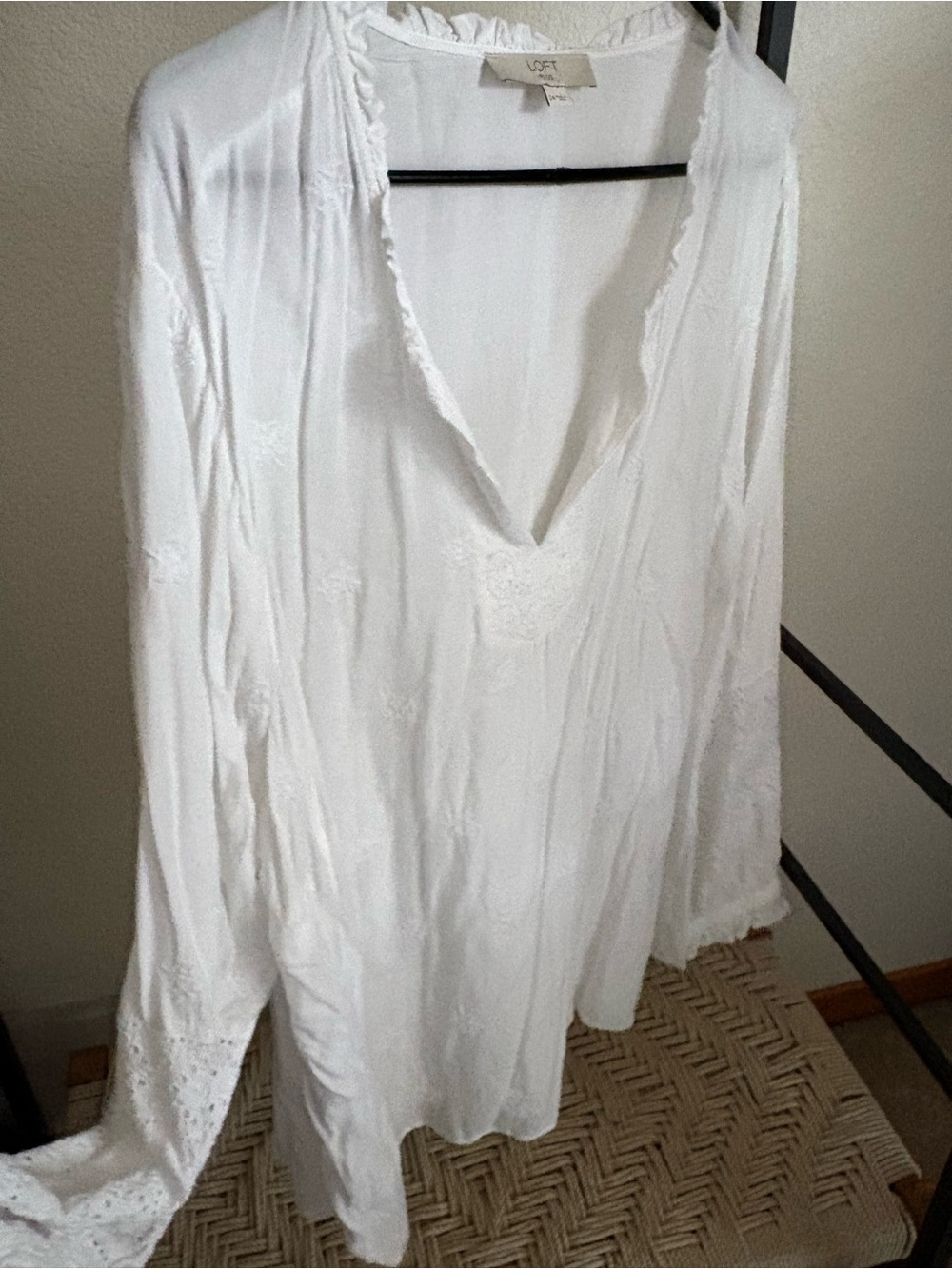 LOFT Plus White Top with Ruffled Neckline